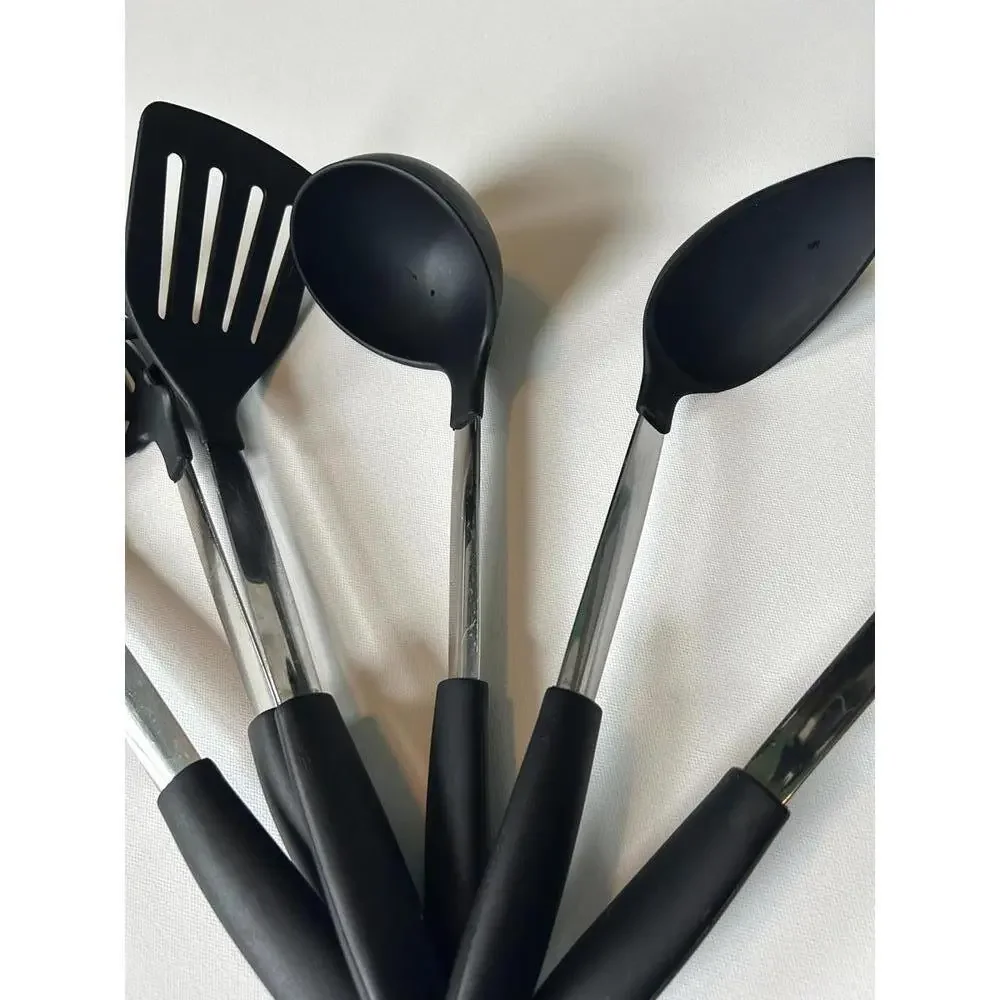 6 piece set of black silicone kitchen utensils with stainless steel handles